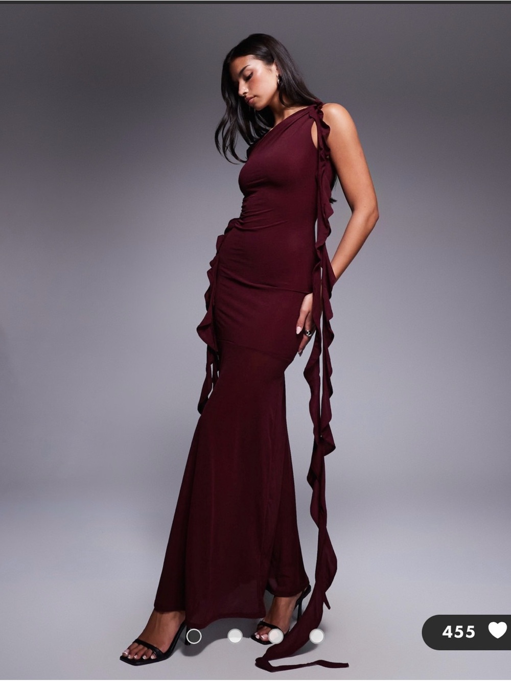 ASOS Burgundy One-Shoulder Ruffle-Trim Gown
